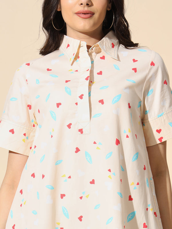 Cotton Printed A-line Tunic With Inverted Pleat- TU009