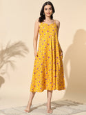 Yellow Floral Print Strap Dress- #DR004