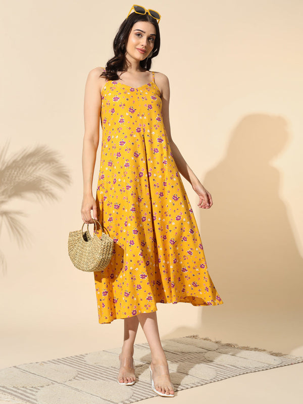 Yellow Floral Print Strap Dress- #DR004