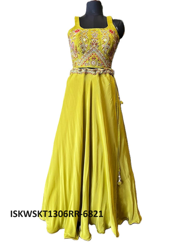 Embroidered Crepe Skirt With Dola Silk Crop Top And Chiffon Dupatta-ISKWSKT1306RR-6821