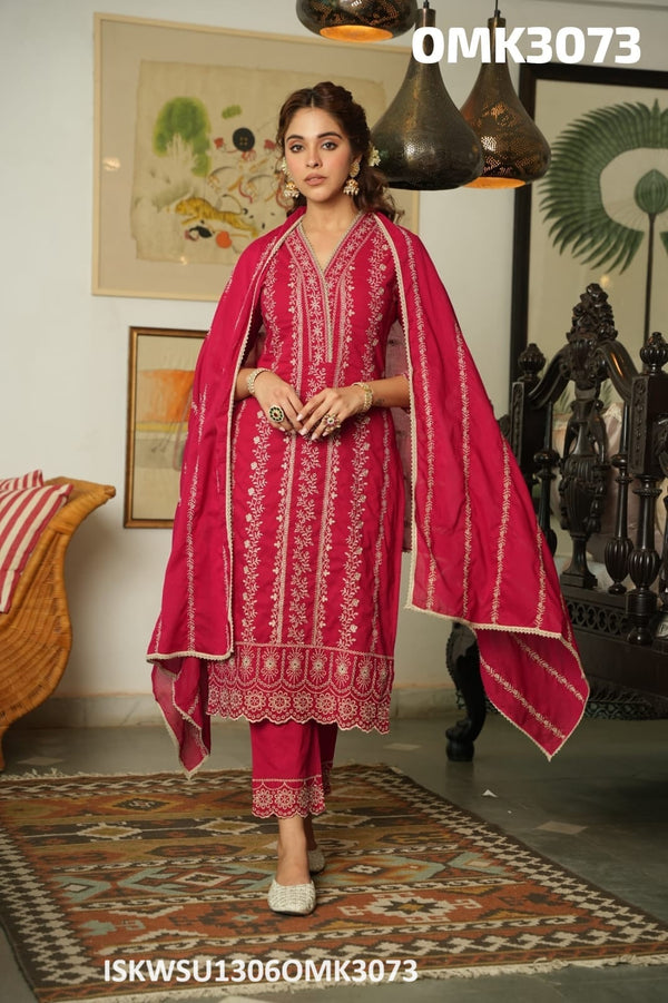Embroidered Cotton Naira Cut Kurti With Pant And Dupatta-ISKWSU1306OMK3073
