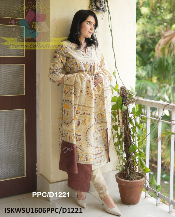 Worli Printed Handloom Khadi Cotton Kurti With Pant And Khadi Dupatta-ISKWSU1606PPC/D1221