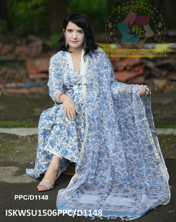 Hand Block Kalamkari Printed Kota Doriya Anarkali Kurti With Cotton Pant And Dupatta-ISKWSU1506PPC/D1148