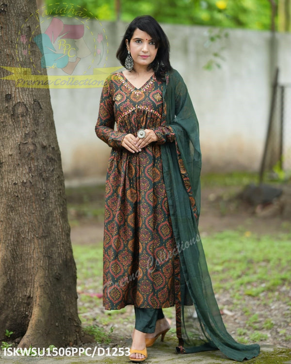 Ajrakh Printed Maslin Silk Naira Cut Kurti With Cotton Silk Pant And Chiffon Dupatta-ISKWSU1506PPC/D1253