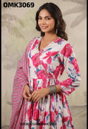 Digital Floral Printed Cotton Anarkali Kurti With Pant And Kota Doriya Dupatta-ISKWSU1406OMK3069
