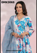 Digital Floral Printed Cotton Anarkali Kurti With Pant And Kota Doriya Dupatta-ISKWSU1406OMK3069