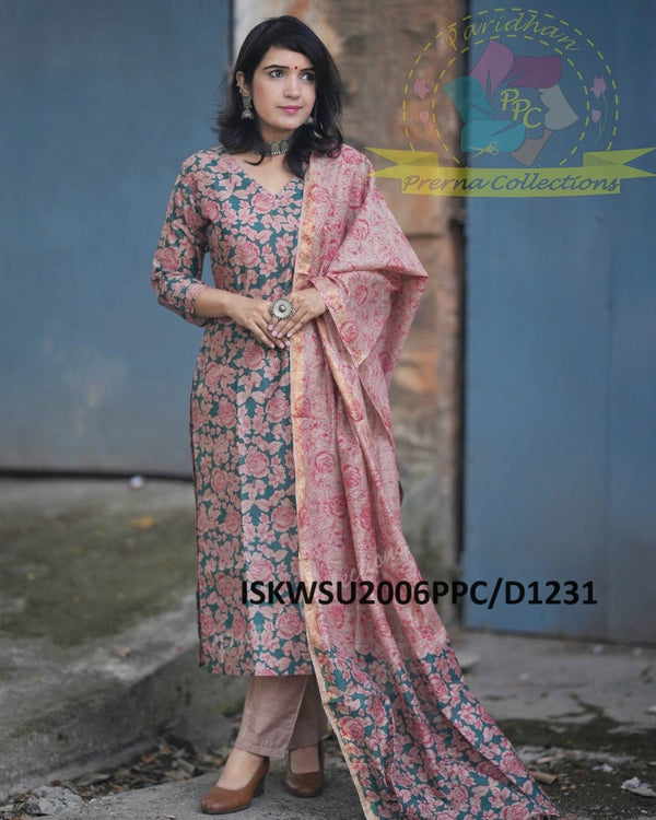 Kalamkari Printed Handloom Cotton Silk Kurti With Pant And Dupatta-ISKWSU2006PPC/D1231