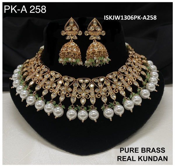 Pure Brass Real Kundan Necklace Set-ISKJW1306PK-A258