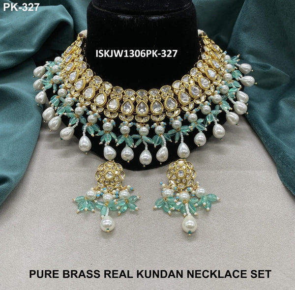 Pure Brass Real Kundan Necklace Set-ISKJW1306PK-327