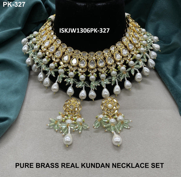 Pure Brass Real Kundan Necklace Set-ISKJW1306PK-327