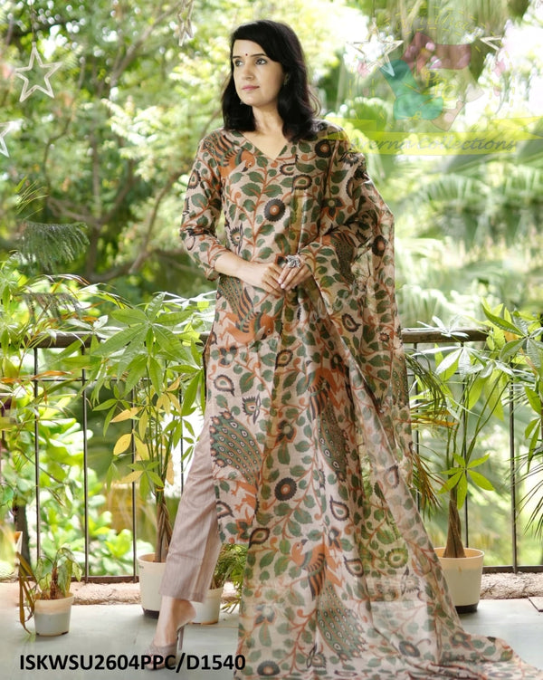 Kalamkari Printed Handloom Cotton Silk Kurti With Cotton Silk Pant And Dupatta-ISKWSU2606PPC/D1540