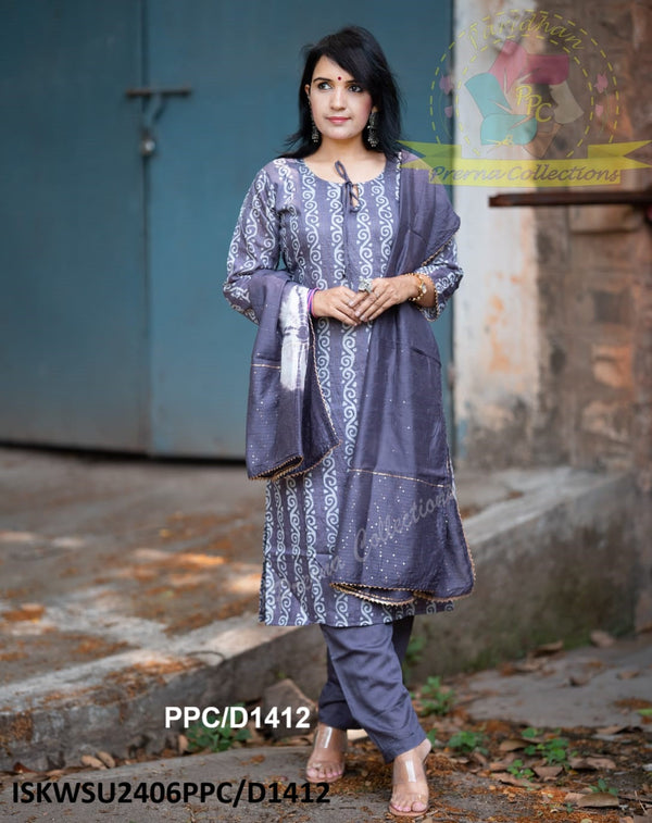 Hand Batik Printed Chanderi Kurti With Pant And Shibori Printed Dupatta-ISKWSU2406PPC/D1412