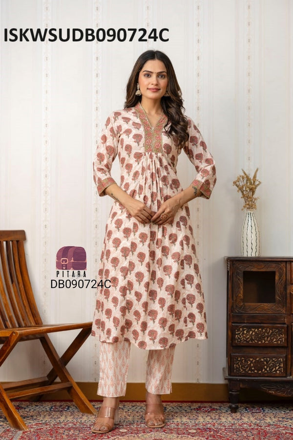 Floral Printed Cotton Kurti With Pant And Dupatta-ISKWSUDB090724C