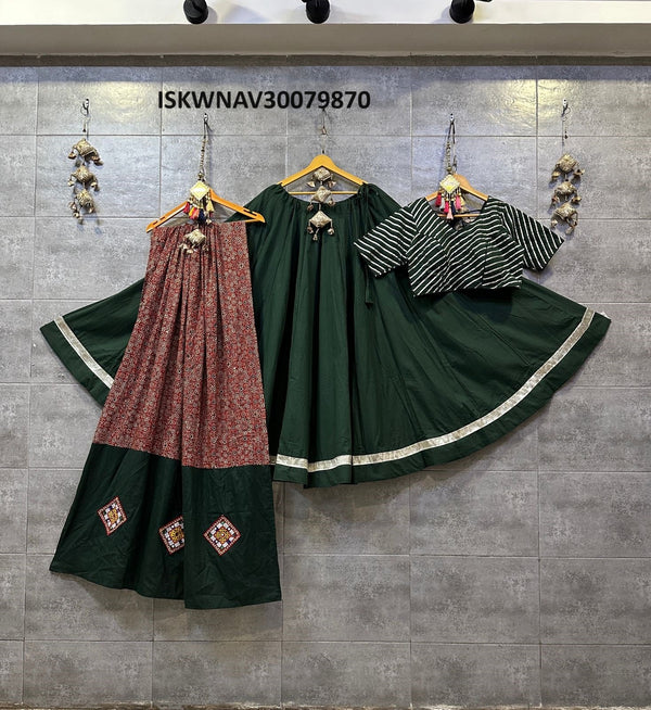 Embroidered Cotton Lehenga With Blouse And Printed Dupatta-ISKWNAV30079870