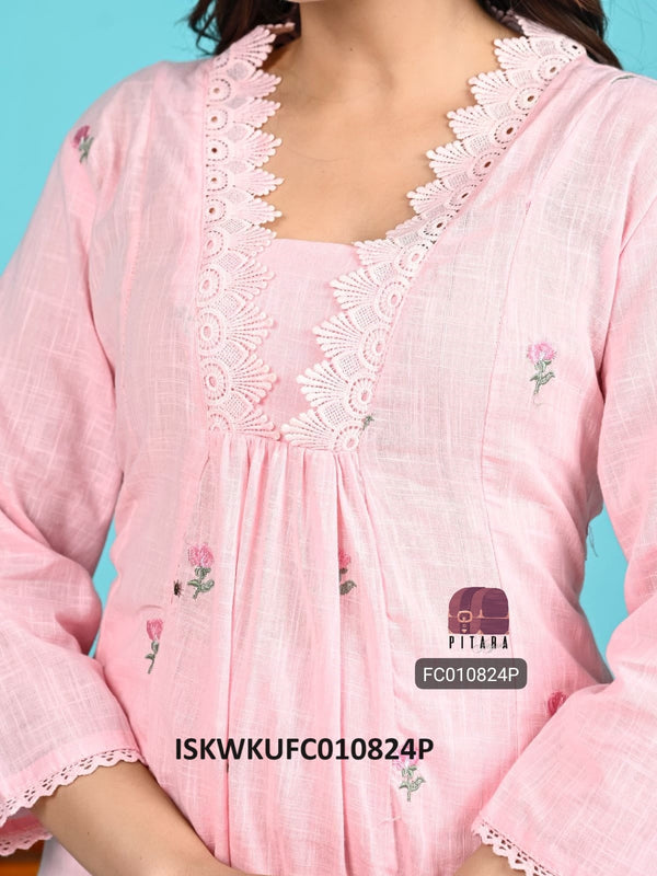 Embroidered Cotton Kurti With Schiffli Palazzo-ISKWKUFC020824P