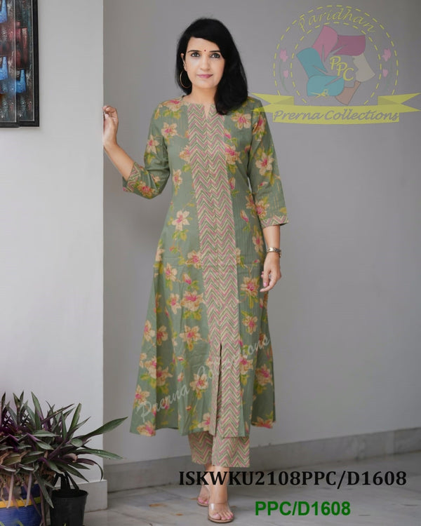 Floral Printed A-Line Cotton Kurti With Zigzag Printed Pant-ISKWKU2108PPC/D1608