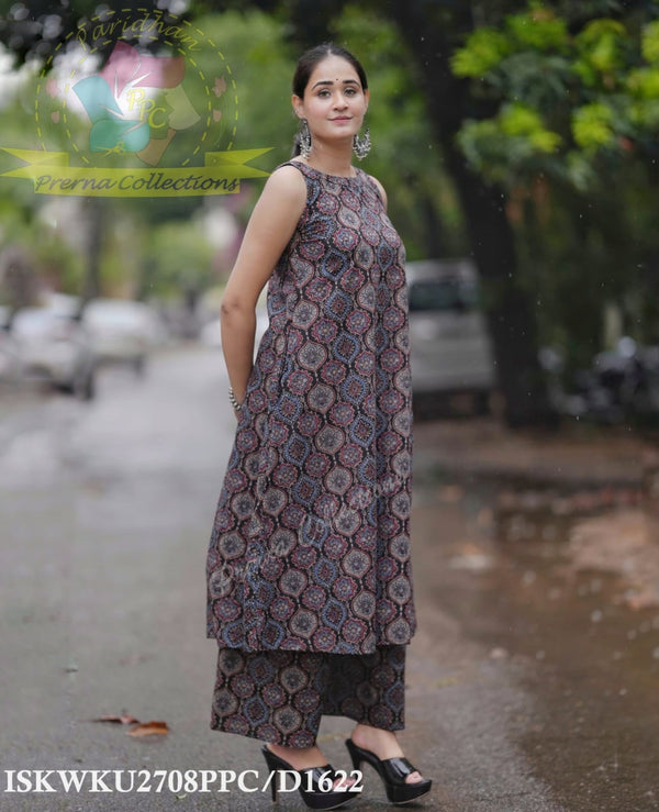 Ajrakh Printed Cotton A-Line Kurti With Palazzo-ISKWKU2708PPC/D1622