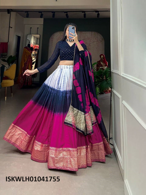 Shibori Printed Chanderi Lehenga With Silk Blouse And Chanderi Dupatta-ISKWLH01041755