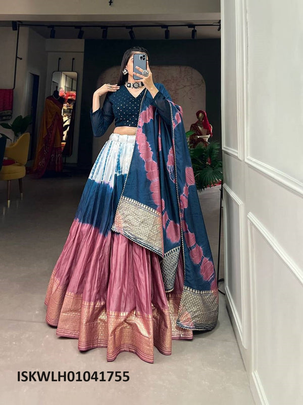 Shibori Printed Chanderi Lehenga With Silk Blouse And Chanderi Dupatta-ISKWLH01041755