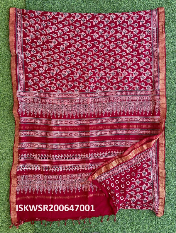 Ajrakh Hand Block Printed Cotton Saree With Blouse-ISKWSR200647001