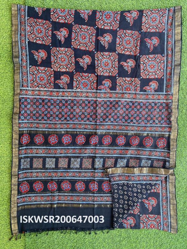 Ajrakh Hand Block Printed Cotton Saree With Blouse-ISKWSR200647003