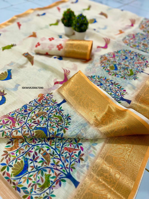 Digital Printed Linen Saree With Blouse-ISKWSR20067390