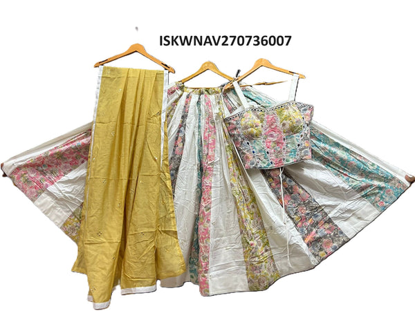 Floral Printed Khadi Cotton Lehenga With Shoulder Stripe Blouse And Dupatta-ISKWNAV270736007