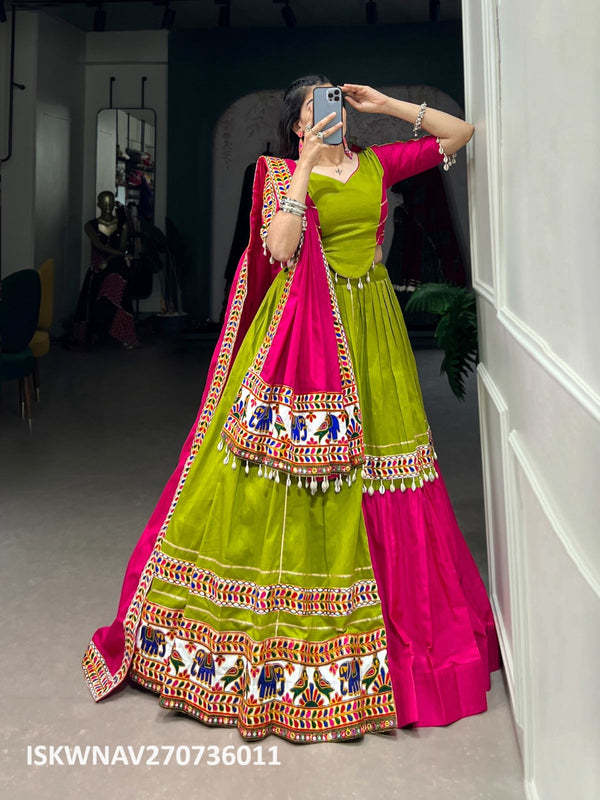 Embroidered Cotton Lehenga With Blouse And Dupatta-ISKWNAV270736011