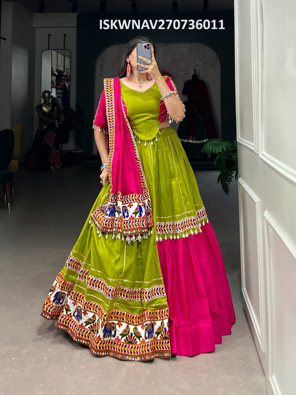 Embroidered Cotton Lehenga With Blouse And Dupatta-ISKWNAV270736011