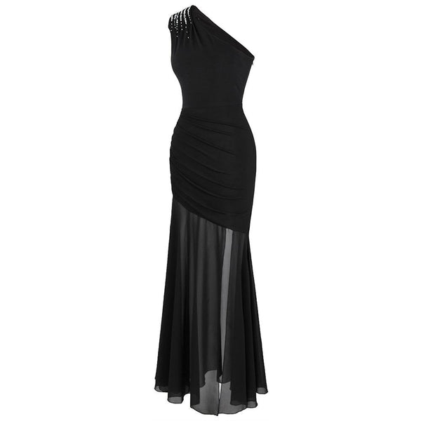 Women's One Shoulder Pleated Evening Dress Long Little Black Dresses Slit Illusion Formal Party Gown 426 - Ishaanya