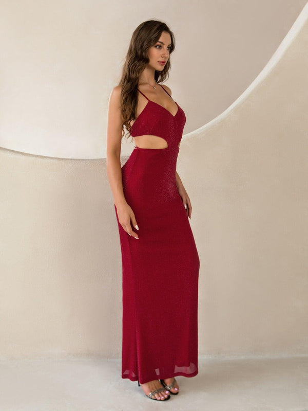 Women's Sexy Prom Gown Spaghetti Strap Cut Out Backless Lace Up Glitter Long Mermaid Formal Evening Dress Red 783 - Ishaanya