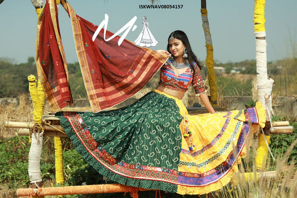 Vintage Printed Cotton Lehenga With Blouse And Khadi Cotton Dupatta-ISKWNAV08054157