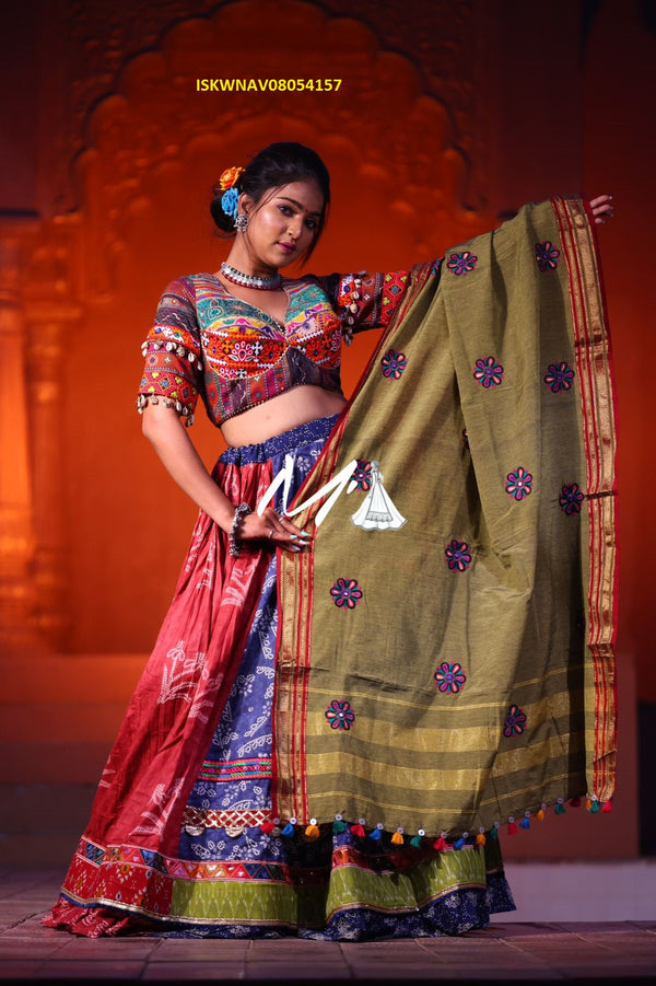 Vintage Printed Cotton Lehenga With Blouse And Khadi Cotton Dupatta-ISKWNAV08054157