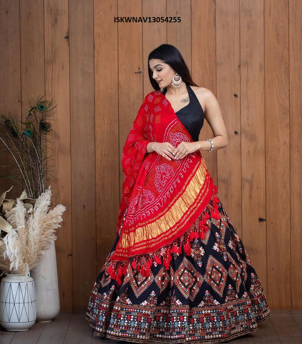 Digital Printed Zari Gota Silk Lehenga With Blouse And Dupatta-ISKWNAV13054255