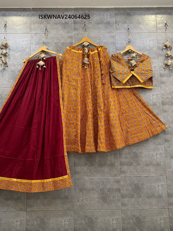 Kalamkari Printed Cotton Lehenga With Blouse And Dupatta-ISKWNAV24064625