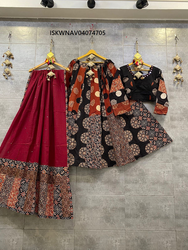 Hand Block Printed Cotton Lehenga With Blouse And Dupatta-ISKWNAV04074705