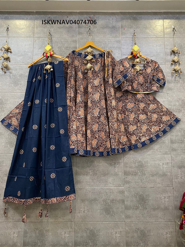 Kalamkari Printed Cotton Lehenga With Blouse And Dupatta-ISKWNAV04074706